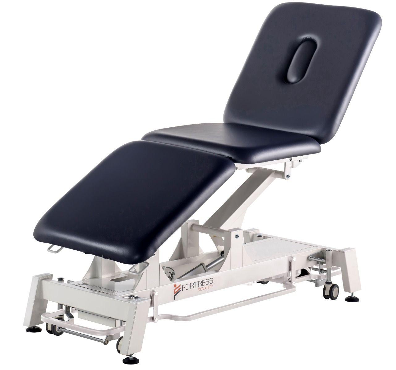 fortress stability premium 3 section / white frame / navy upholstery / 360 degree operation