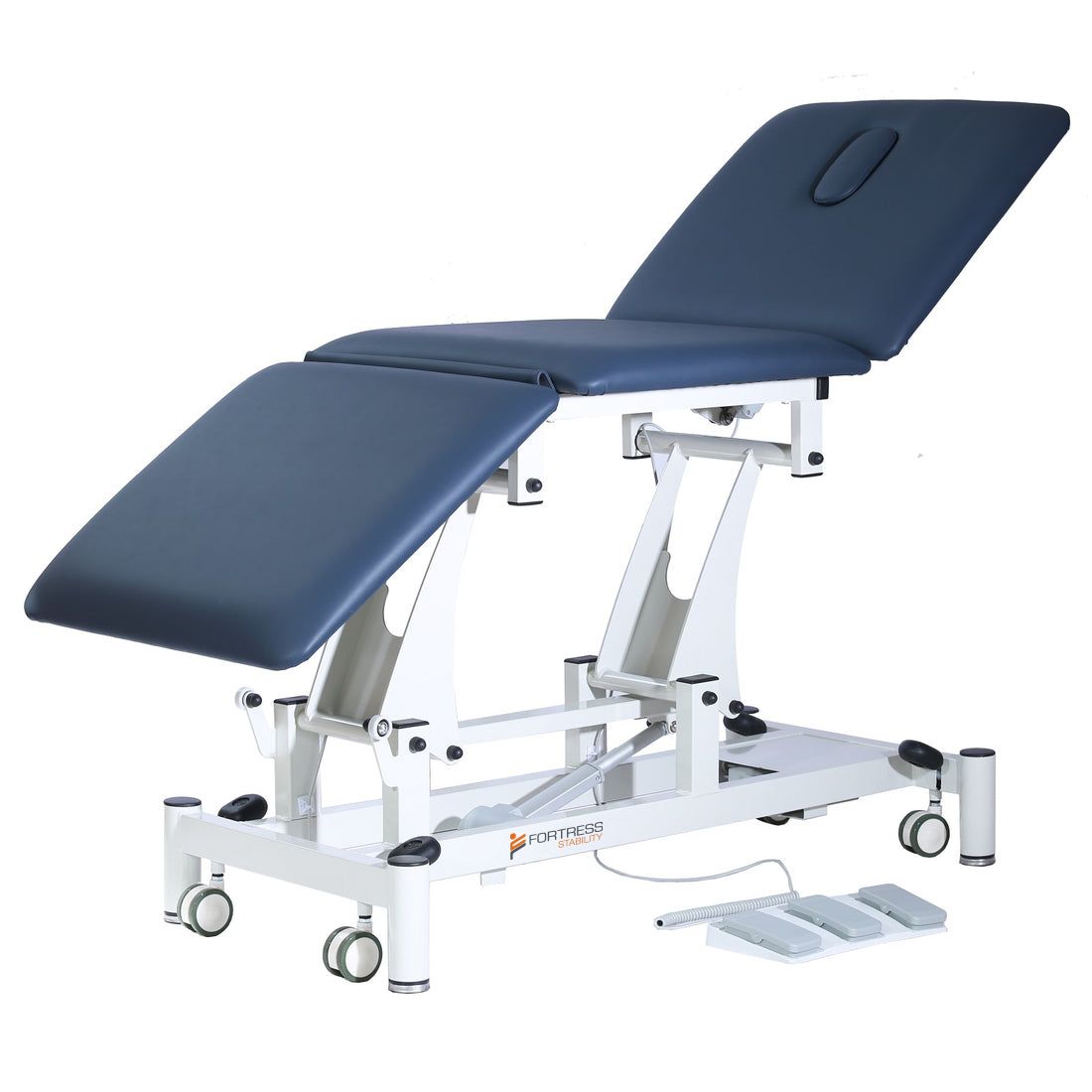 fortress paramount 3 section / white frame / navy upholstery / fully electric
