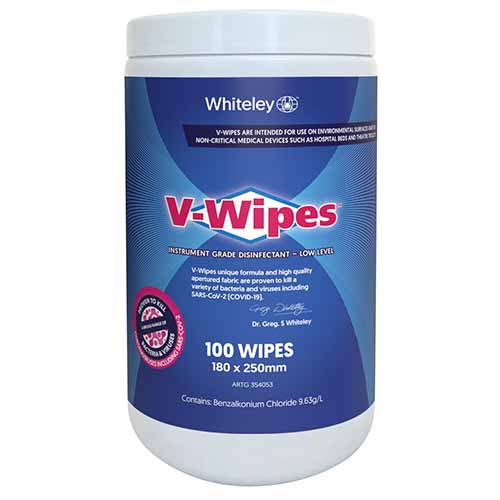 Whiteley V-Wipes Instrument Grade Disinfectant Wipes Canister Low Level 180x250mm