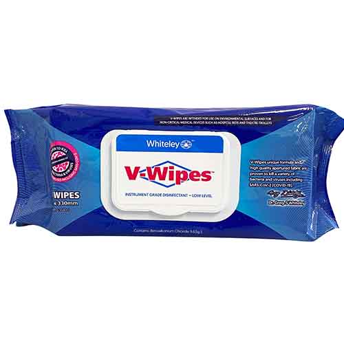 Whiteley V-Wipes Instrument Grade Disinfectant Wipes Flat Pack Low Level 230x330mm