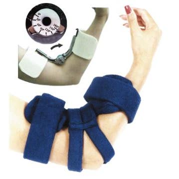 Comfy Spring-Loaded Goniometer Elbow Orthosis, with 1x Cover and 5x Liners, Adult, Navy Blue, Terry cloth cover
