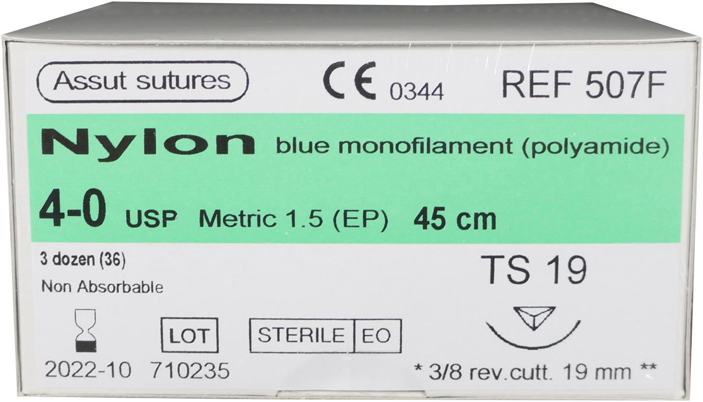 assut nylon 3/8 circle sutures / 19mm / 4-0 / 45cm / rc / box of 36