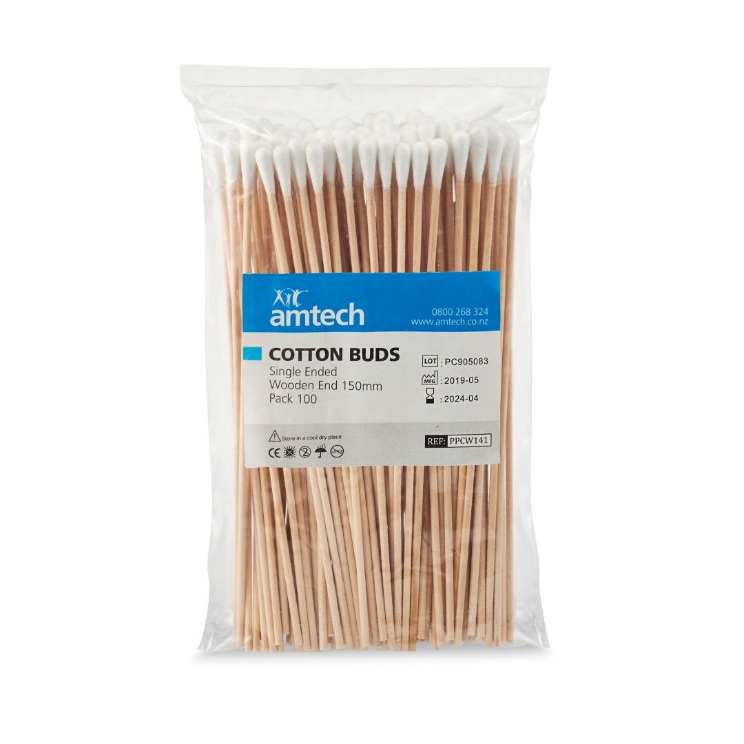 cotton buds amtech / single ended wooden / non sterile / 15cm / pkt/100