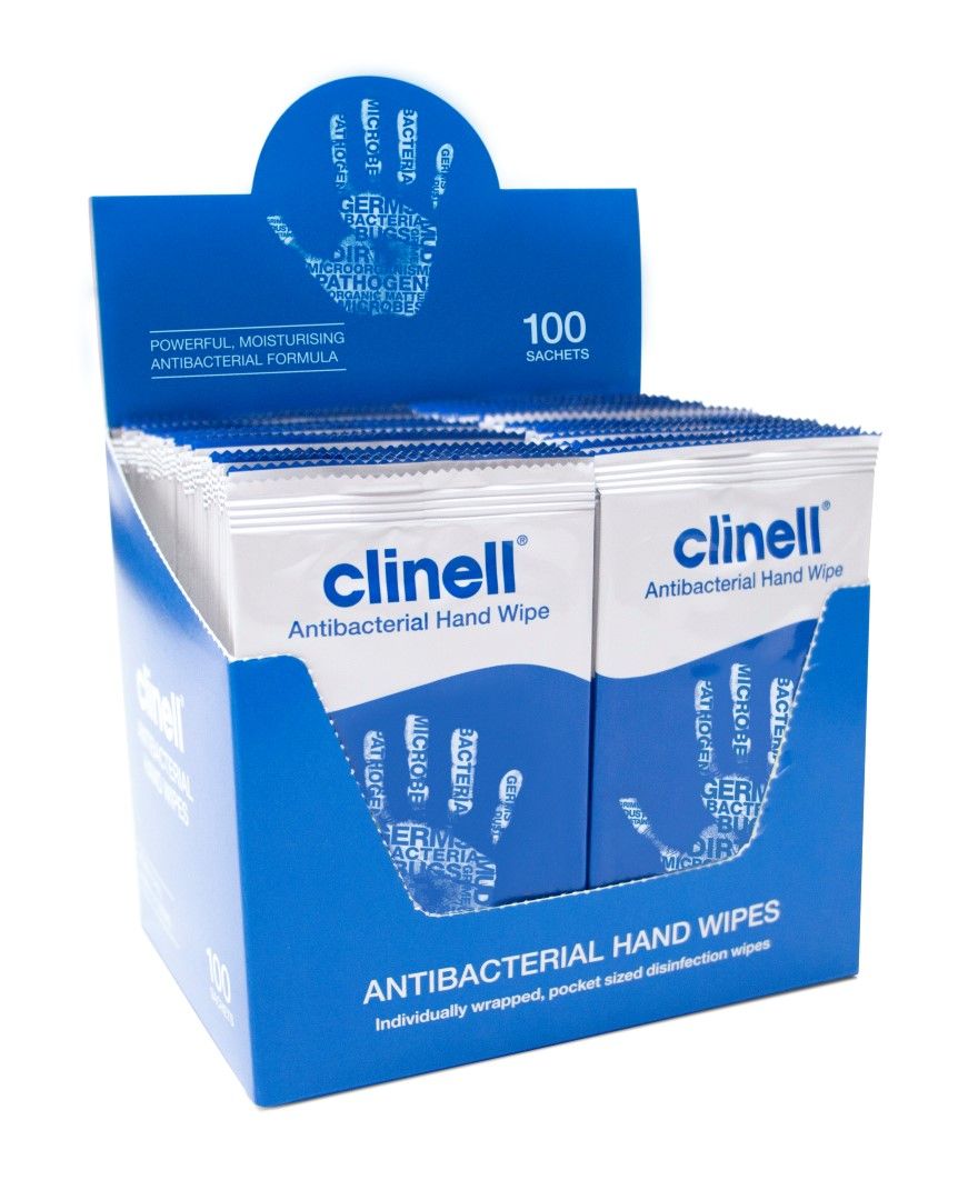 clinell antibacterial hand wipes / individually wrapped / box of 100
