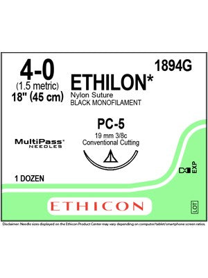 ETHILON* Nylon Sutures Black 45cm 4-0 PC-5 19mm - Box/12