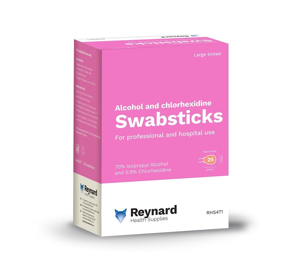 reynard swabsticks red tinted 70% alcohol 0.5% chlorhexidine / box of 25