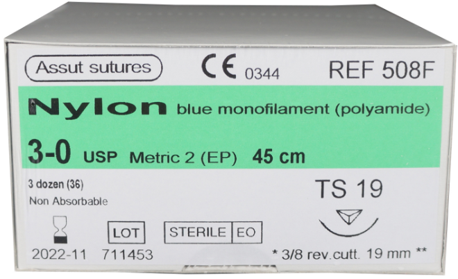 assut nylon 3/8 circle sutures / 19mm / 3-0 / 45cm / rc / box of 36