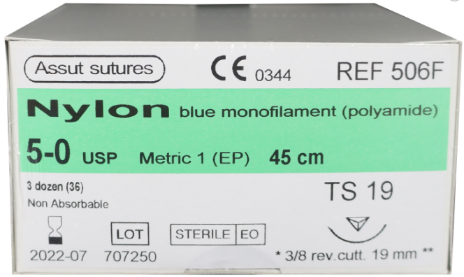 assut nylon 3/8 circle sutures / 19mm / 5-0 / 45cm / rc / box of 36