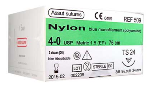 assut nylon 3/8 circle sutures / 24mm / 4-0 / 75cm / rc / pack of 36