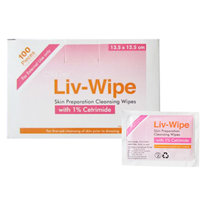 liv-wipe skin prep antiseptic wipe 1% cetrimide / 135x125mm / single pack / box of 100