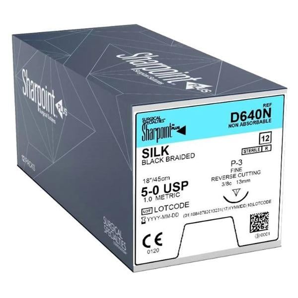 sharpoint silk black 3/8 sutures / 5-0 / 13mm / 45cm / rc / box of 12
