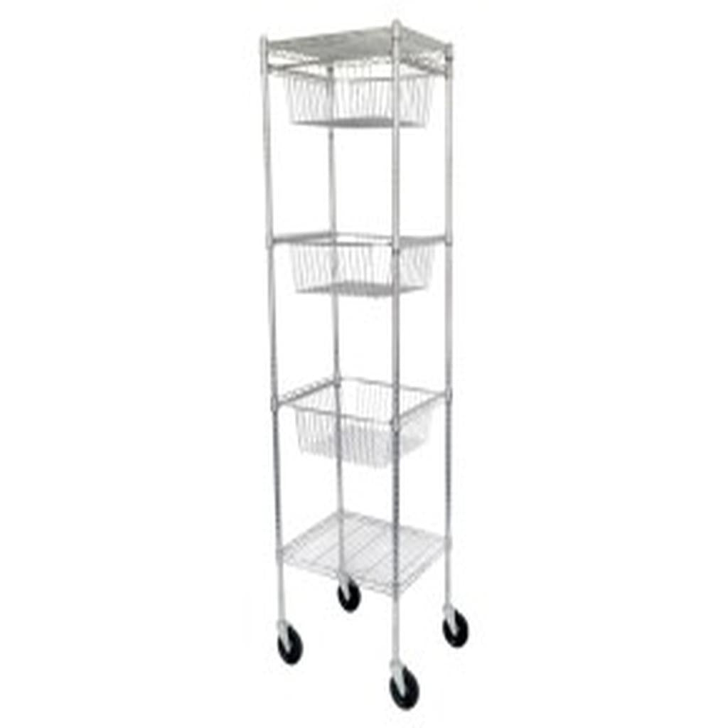 Wire Shelving, 510 x 610 x 1800mm, Chrome, 2 Shelves & 3 Baskets, with 125mm Castors, Unicare